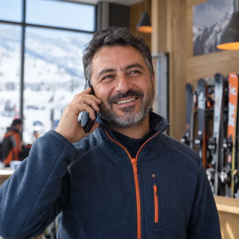 Kayak okulunda telefonla görüşen işletmeci — yapay zekâ ile oluşturulmuş temsili görsel